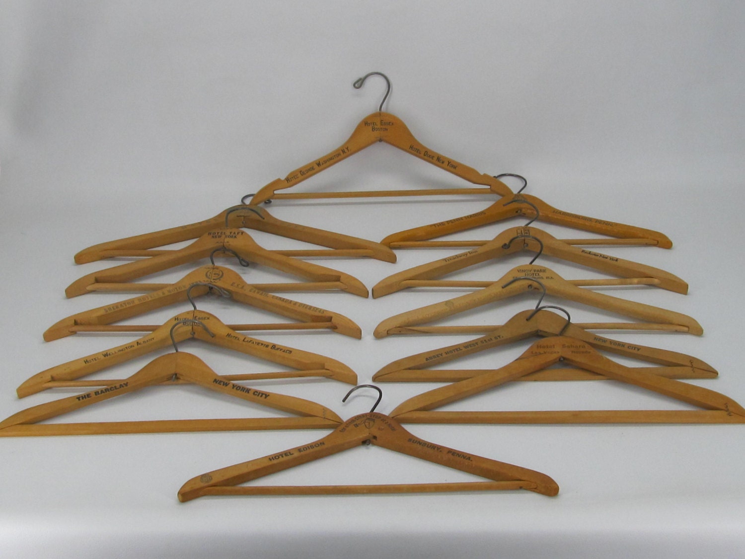 Collection of 12 Vintage Wooden Clothes Hangers HOTEL ADVERTISING