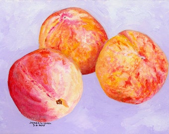 Three Peach Painting, Fruit Painting, Kitchen Art, Small Format Art, Acrylic Painting