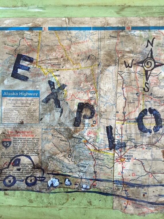 Mixed media travel map with car painting on by BellaCosaArt