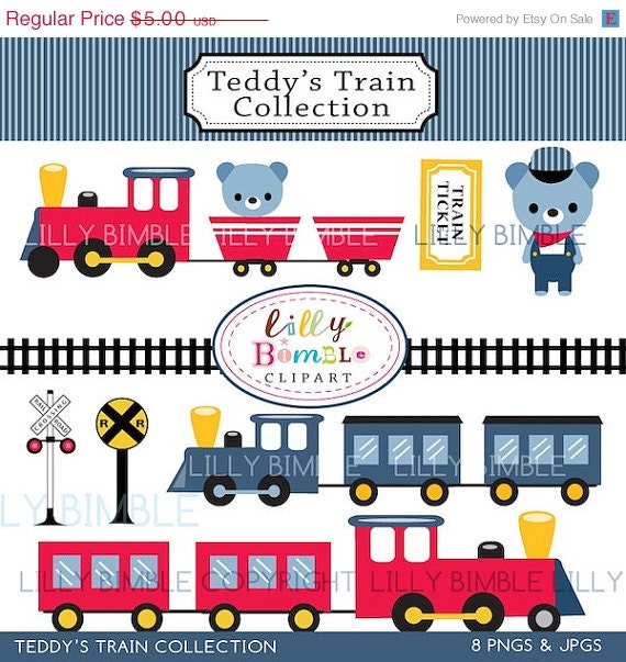 50% off Train Clipart for Birthday invites, cards and crafts red trains, bears, cute Instant Download Il_570xn