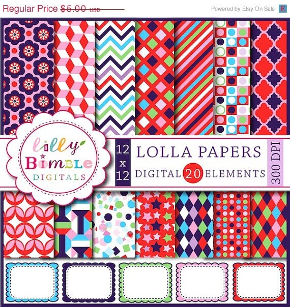 50% off Lolla DIgital papers for cards, journals, notebooks and scrapbooking Modern red, blue chevron, frames, clipart Download Il_570xn