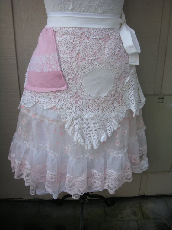 Pink Lace Aprons - Handmade Bridal Aprons - Vintage Linen Aprons - Annies Attic Aprons - French Flea Market Aprons - Annies Attic Aprons
