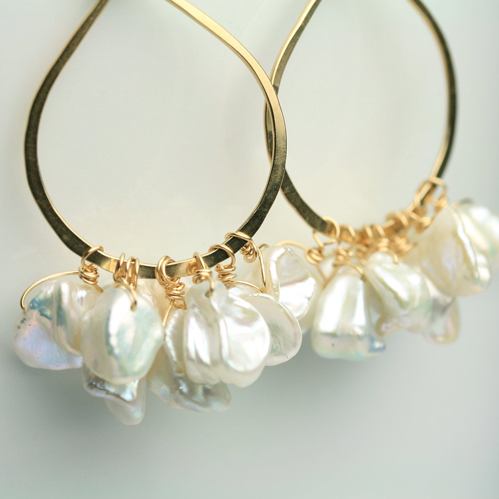Keshi Pearl Earring . Rounded Gold Fill Teardrop by fussjewelry