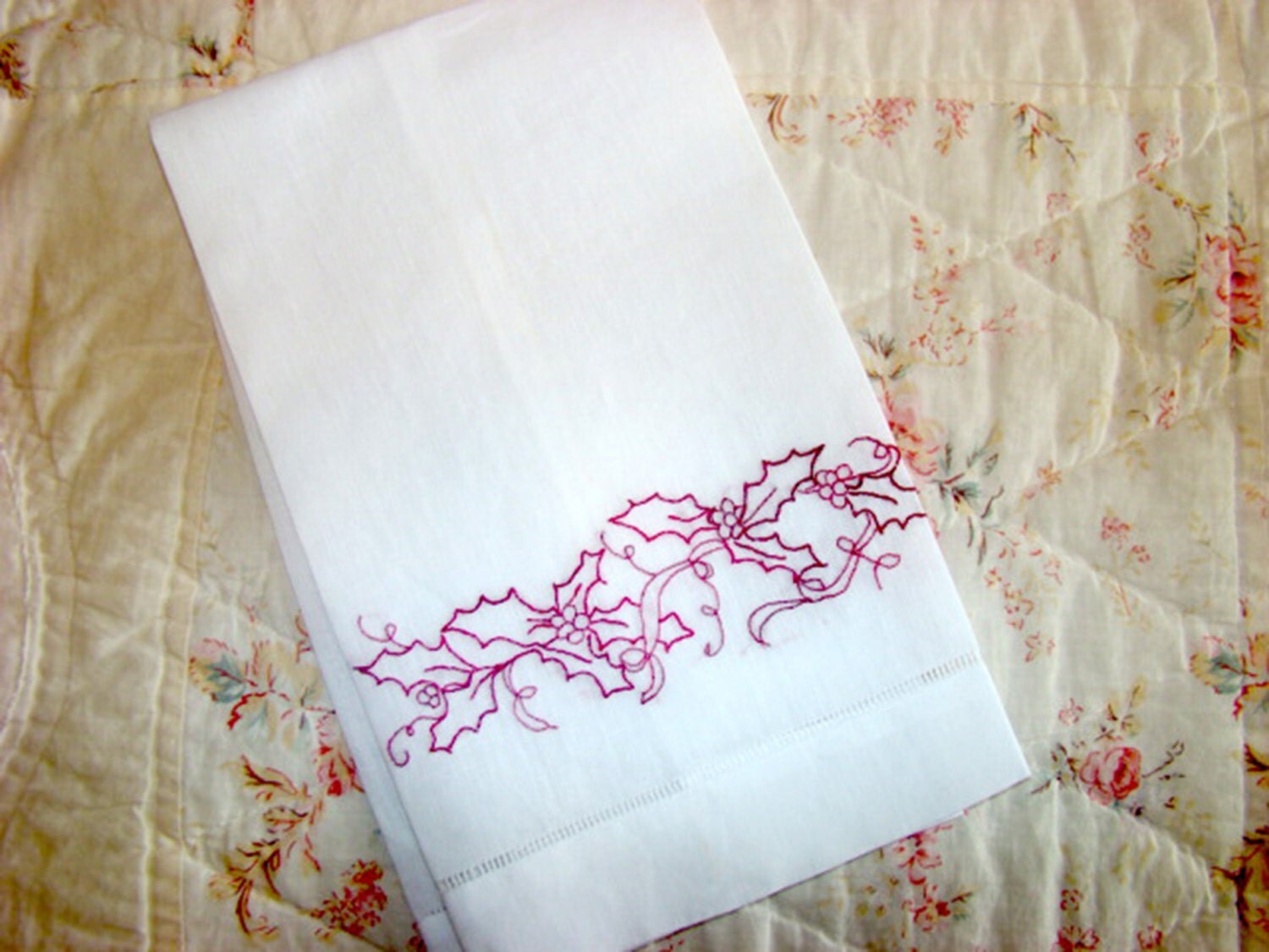 Redwork Christmas Holly Tea Towel Hand Embroidery Kit