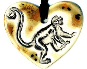 Monkey Love Heart Ceramic Necklace in Earth Tones