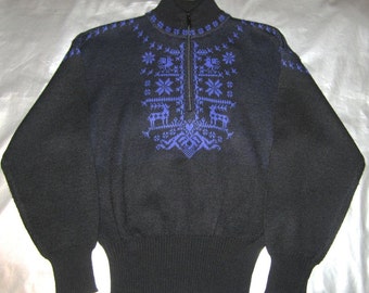 Vintage Ski Sweater - Women's Size MEDIUM - Black and Purple Reindeer and Snowflakes - 1980's - by Meister