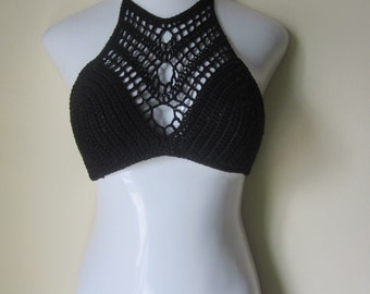 BLACK CROPPED TOP, Bralet, Crochet halter top, cropped top, , festival clothing, festival,boho chic, beach cover up, gypsy top, cotton