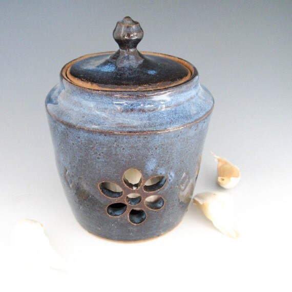 Denim Blue Ceramic Garlic Keeper Garlic Roaster Garlic Pot