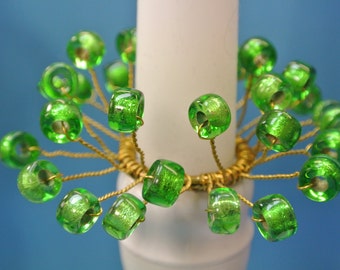 Pair of unique handmade bobeches of vintage handblown foiled grass green glass beads and brass wire
