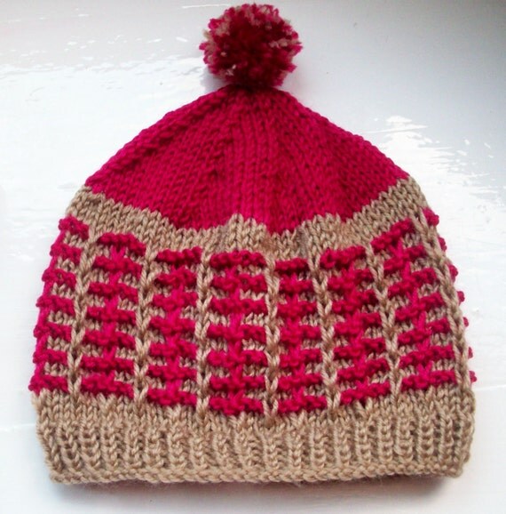 child's pompom hat, vegan, hand knitted beanie, unique, ladder stitch, red