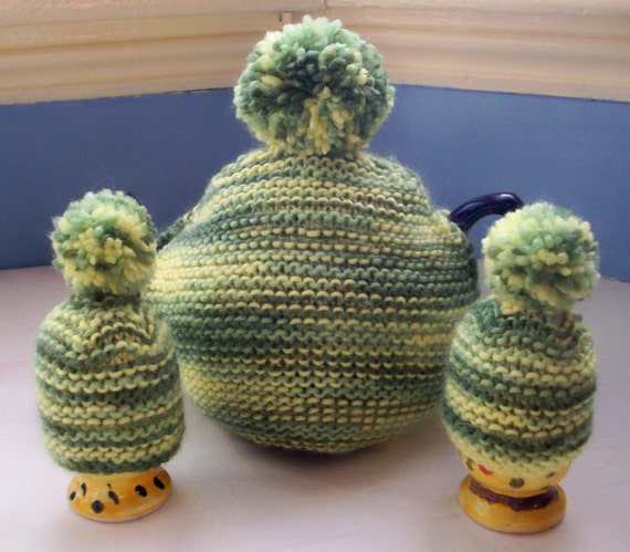 Easter breakfast set, pompom tea cozy, egg cosy set, hand knitted, novelty, Spring green and yellow