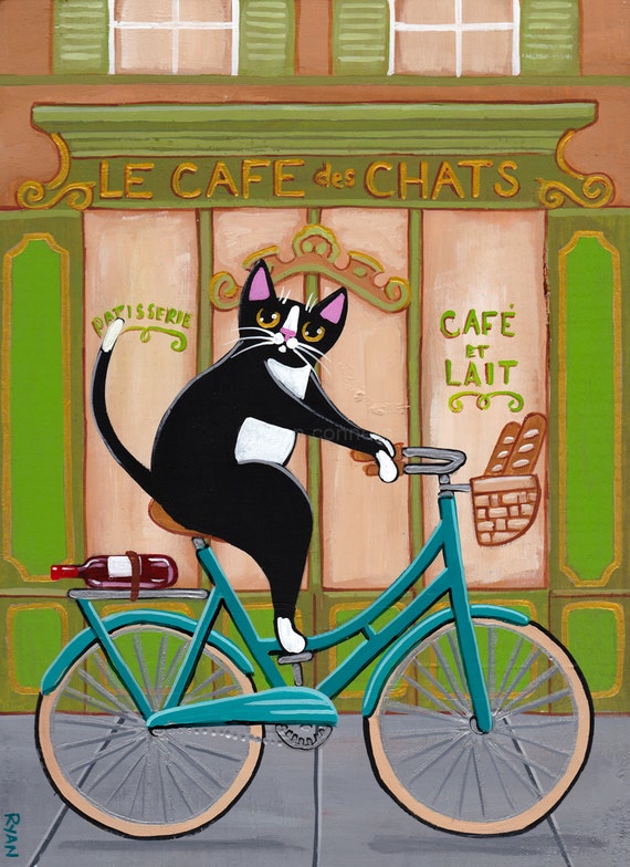 French Cafe  Cat  on A Bicycle Original Folk Art  Painting