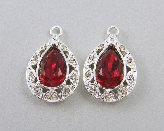 Ruby Earrings : Pair of Ruby Red Teardrop Charms, Silver Filigree Drop ...