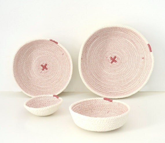 Nursery basket decor, Small decor bowls, Ring cotton holder, Neutral cotton decor, Mediterranean decor, Keys holder, Pink and white decor