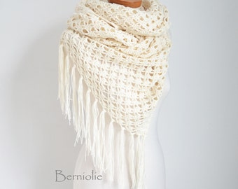 Lace crochet shawl, stole, cotton, Creme, N289