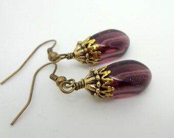 Amethyst Earrings ,Glass Drop Earrings, Hook Ear Wires