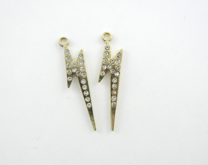 Pair of Small Gold-tone Lightning Bolt Charms with Rhinestones