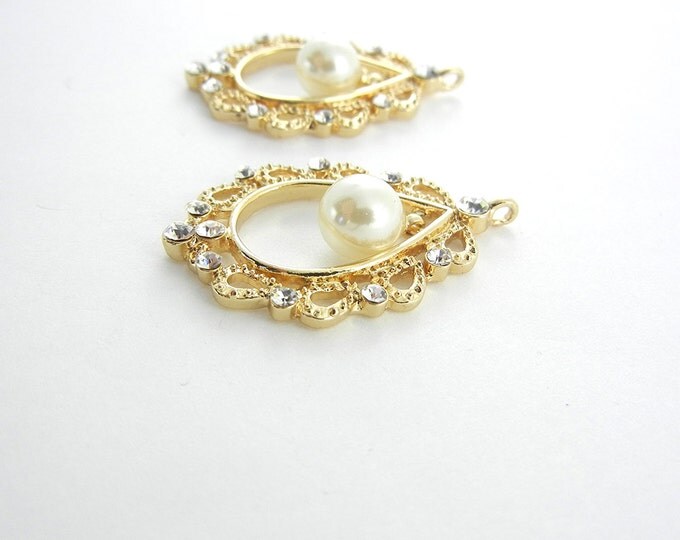 Pair of Gold-tone Filigree Faux Pearl Drop Charms Rhinestone Accents