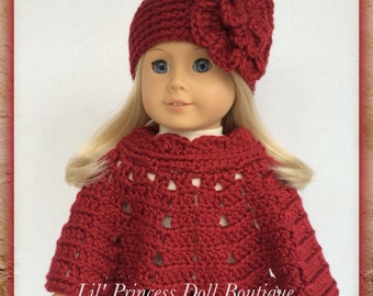 Handmade Doll Clothes Made To Fit American Girl, Crochet Poncho Set, WINE COUNTRY, Fits 18 Inch