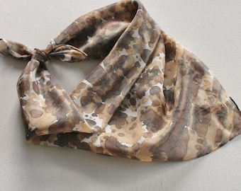 SALE Hand Painted Silk Square Scarf - Hand Dyed Bandana Brown Tan Cream Black Gray Grey Charcoal Animal Print Cheetah Leopard