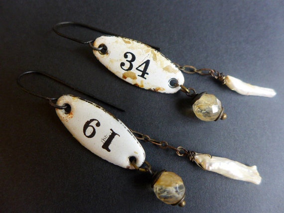 Order and Harmony. Rustic assemblage art earrings with enameled plaques biwa pearls and rutilated quartz