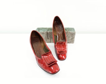 1960s Red Heels, 60s Patent Leather, Vintage Marsala Shoes, Orange Shoes, Vintage Red Shoes, 60s Rust Shoes, Size 6 1/2, Euro 37