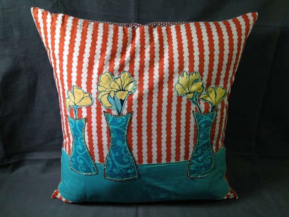 Floral Throw Pillow in Orange and Blue by monicahowie on Etsy