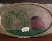 Primitive Hand Painted Saltbox, Willow, Sheep Wooden Plate--FAAP OFG HaFAIR AhC