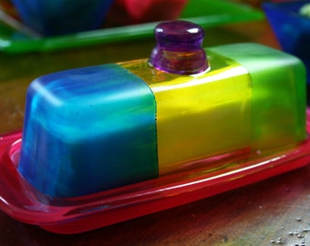 Colorful Glass Butter Dish for your Kitchen/Home Decor/Tabletop/Serving Dish/Fused Glass by Funktini/Home and Living/Holiday Gifts
