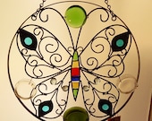 Window Art  Suncatcher Recycle Glass Wrought Iron Works Butterfly
