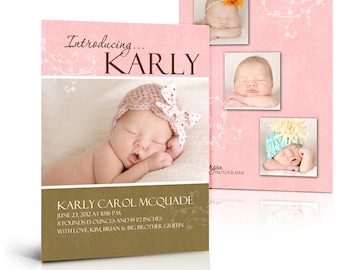 Birth Announcement Templates - KARLY CAROL - (4) Press Printed , Flat & Folded Card Digital Templates for Photographers