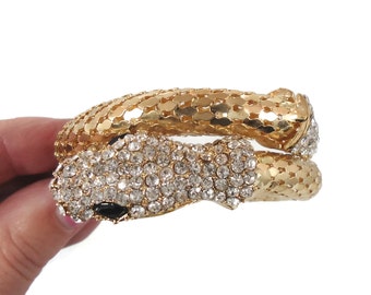 Snake Bracelet, Gold Mesh, Vintage Jewelry, Rhinestone, Unique, Exotic Egyptian, Wrap Bangle, Wide, Boho Gothic, Belly Dance