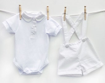 Baby Boy Christening Outfit, Boys Baptism Outfit, White Christening Shorts, Seersucker Suspender Shorts, Infant Christening, Baptism Outfits