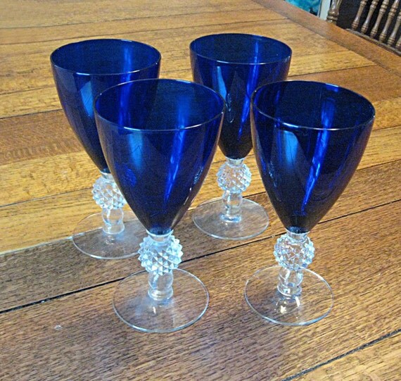 1930s Morgantown Cobalt Golfball Goblets (4) Stems Elegant Depression Glass