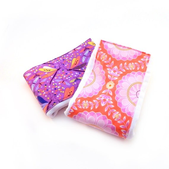 Girl Burp Cloths - Purple Diaper Burp Cloths, Set of 2 Flowers Dragonflies Orange // Cotton Diaper Burp Cloth / Baby Shower Gift