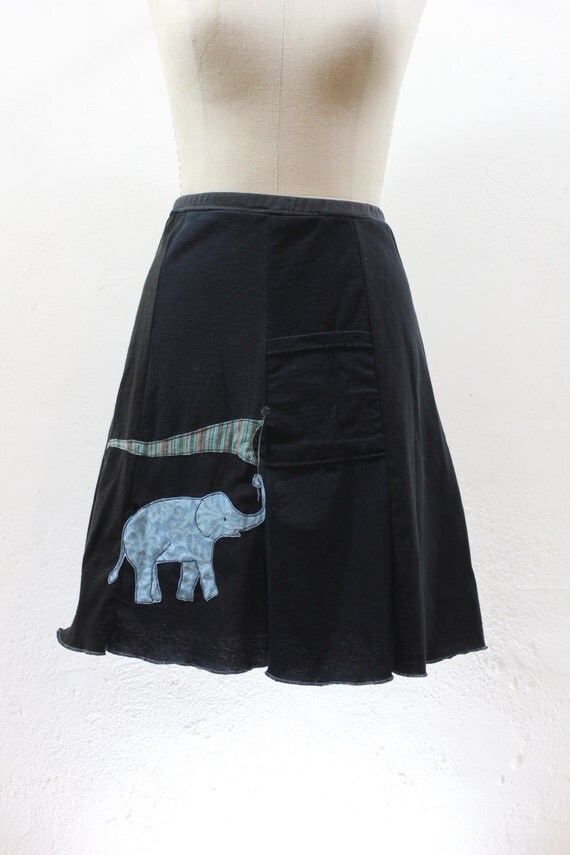 TSkirt Upcycled recycled Black tshirt skirt with Elephant
