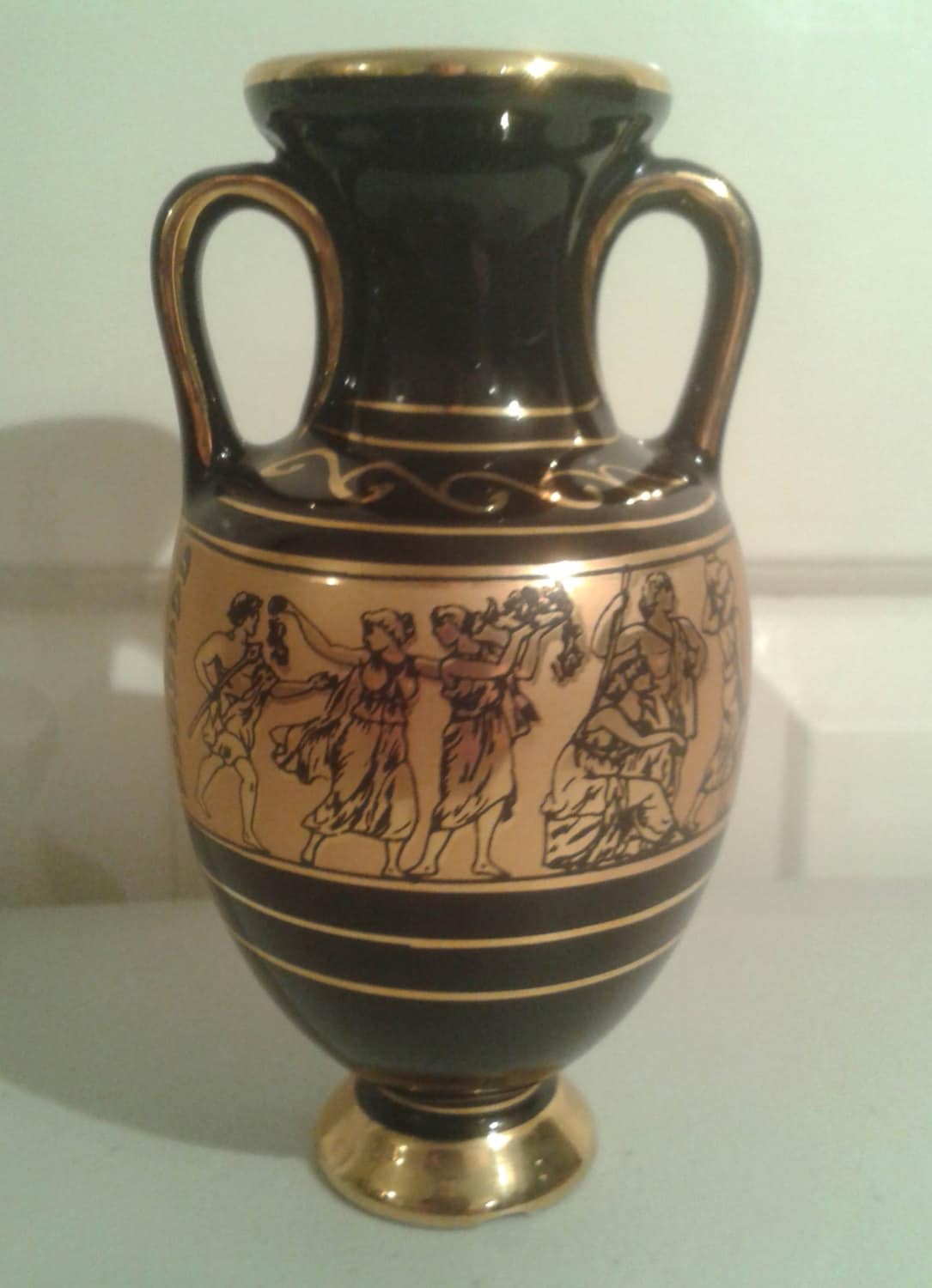 Greek handmade Black Urn with 24k Gold Embellishment Made by