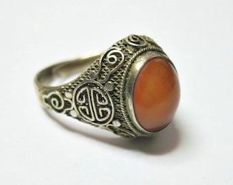 Antique 1920s Art Deco Ring - Chinese Export - Silver - Carnelian - Longevity Symbol - Adjustable - Costume Ring - Cocktail Ring