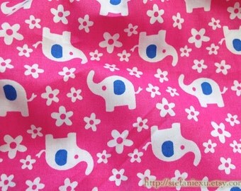 Zoology Collection, Lovely White Baby Elephants Chic White Little Flowers On Pink-Cotton Fabric (1/2 Yard)
