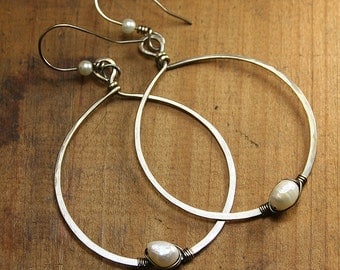 Large BOHO Hammered NuGold Brass Hoops with Wire Wrapped Pearl