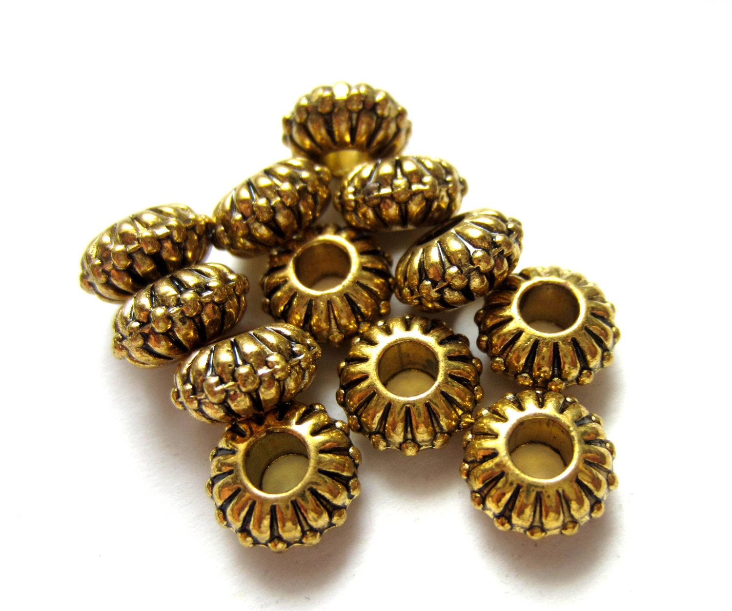 18 Large hole beads antique gold metal spacer ethnic jewelry