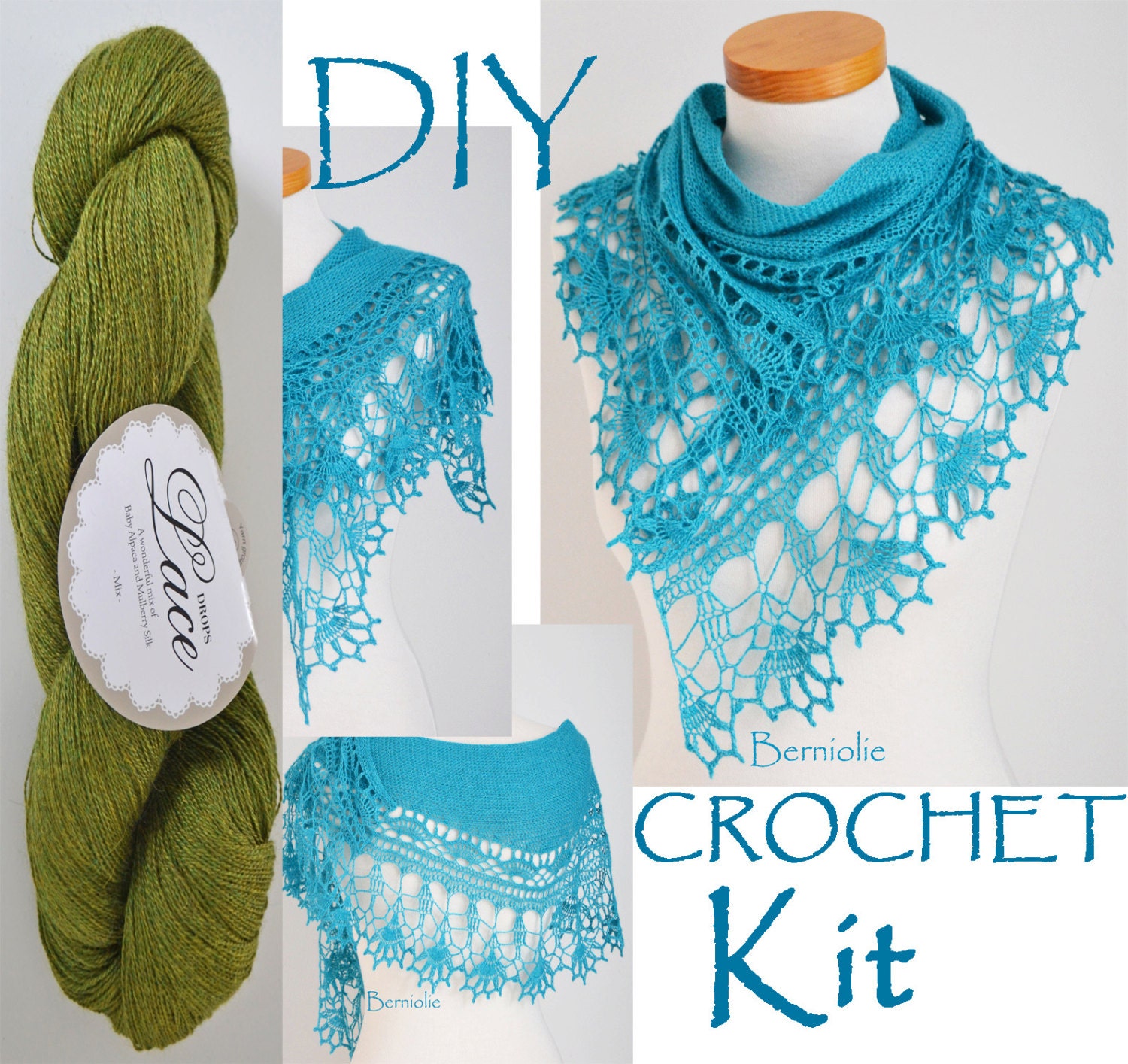 DIY Crochet Kit Crochet shawl kit ILVY Olive Green Yarn