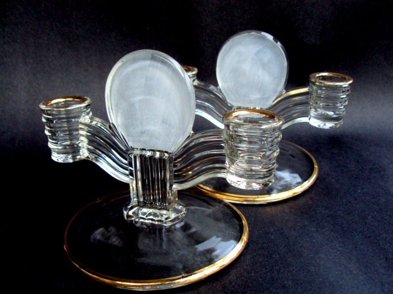 Vintage Glass Double Candle Holders Art Deco 22K Gold