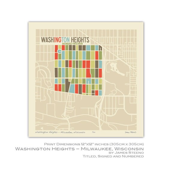 Washington Heights Milwaukee Wisconsin 12 x 12 Art Map by jsteeno