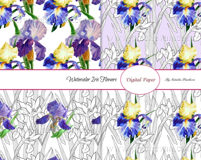 Digital paper with watercolor irises,bouquet, flowers, seamless pattern, botanical, Mothers day,spring flowers, iris, watercolor