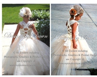 Champagne Flower Girl Dress. Lace overlay! Ivory Dress. Mini Bride Dress. Corset, TUTU skirt. Train & hair clip. Size 6m-12 Girls.