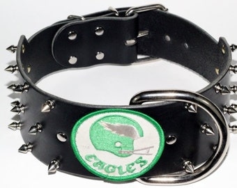 3" Philadelphia Eagles Dog Collar - Black Leather Eagles Dog Collar - Vintage Eagles Patch - Spiked Eagles Dog Collar, (Clearance Collar)