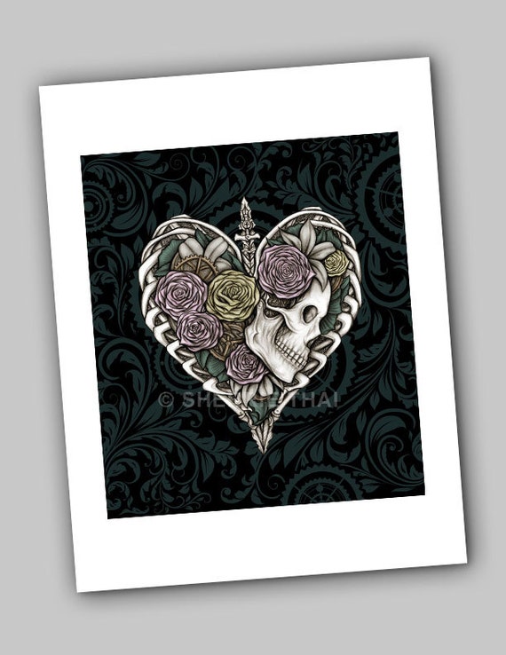 Skeletal Heart, Steampunk Skull and Roses Art Print