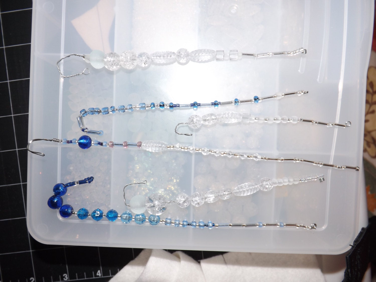 Set of 6 Icicles for Christmas tree, beads strung on wire, in white, blue, clear glass and crystal beads, garland, wreath, or tree