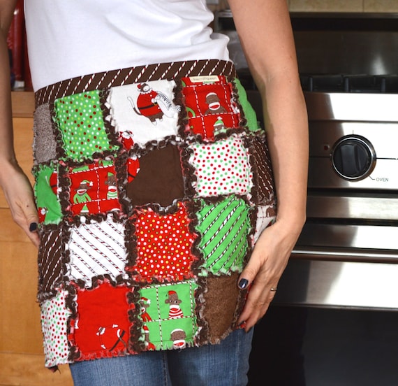 Christmas rag quilt half apron in Santa s Little Helpers